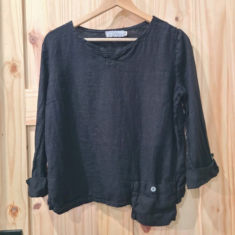 Vtg Willow Linen Blouse 3/4 Sleeve Outside Pocket Roll Tab Lagenlook Womens S